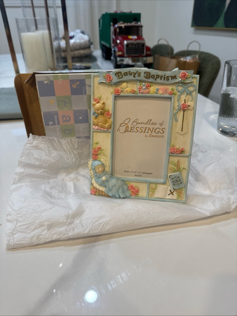 Enesco Baby's Baptism Blue and Cream Embellished Picture Frame 3.5x5” photo